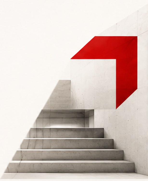 Concrete staircase rising toward a red 45-degree arrow